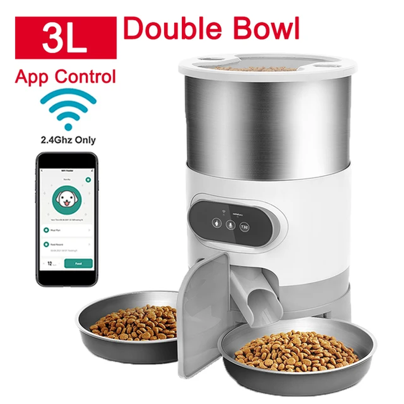 Smart App-Controlled Cat Feeder - Stainless Steel Double Meal Automatic Dispenser for Cats and Dogs