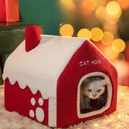 CuddTail™ Foldable Christmas Cat House – Detachable Warm Winter Nest for Cats & Dogs, Festive Holiday Pet Bed