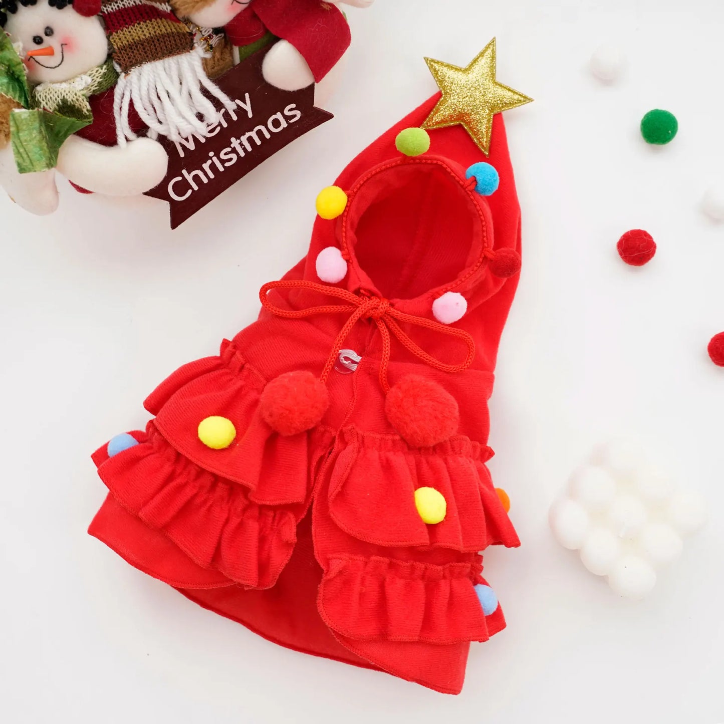 CuddTail™ Christmas Pet Cloak – Adorable Puppy Cape with Stars & Pompoms for Holiday Parties and Festive Photos**