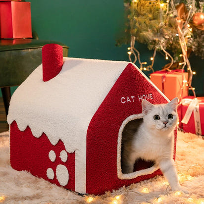CuddTail™ Foldable Christmas Cat House – Detachable Warm Winter Nest for Cats & Dogs, Festive Holiday Pet Bed