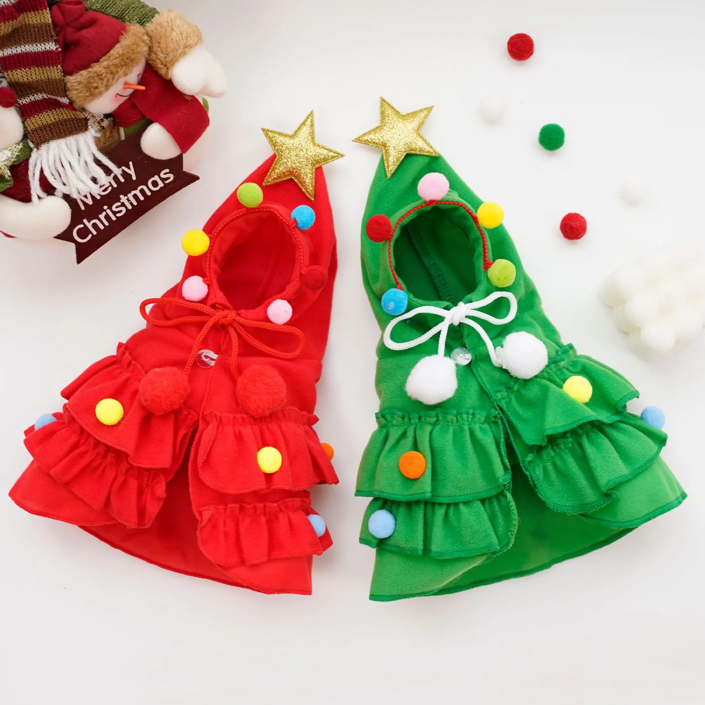 CuddTail™ Christmas Pet Cloak – Adorable Puppy Cape with Stars & Pompoms for Holiday Parties and Festive Photos**