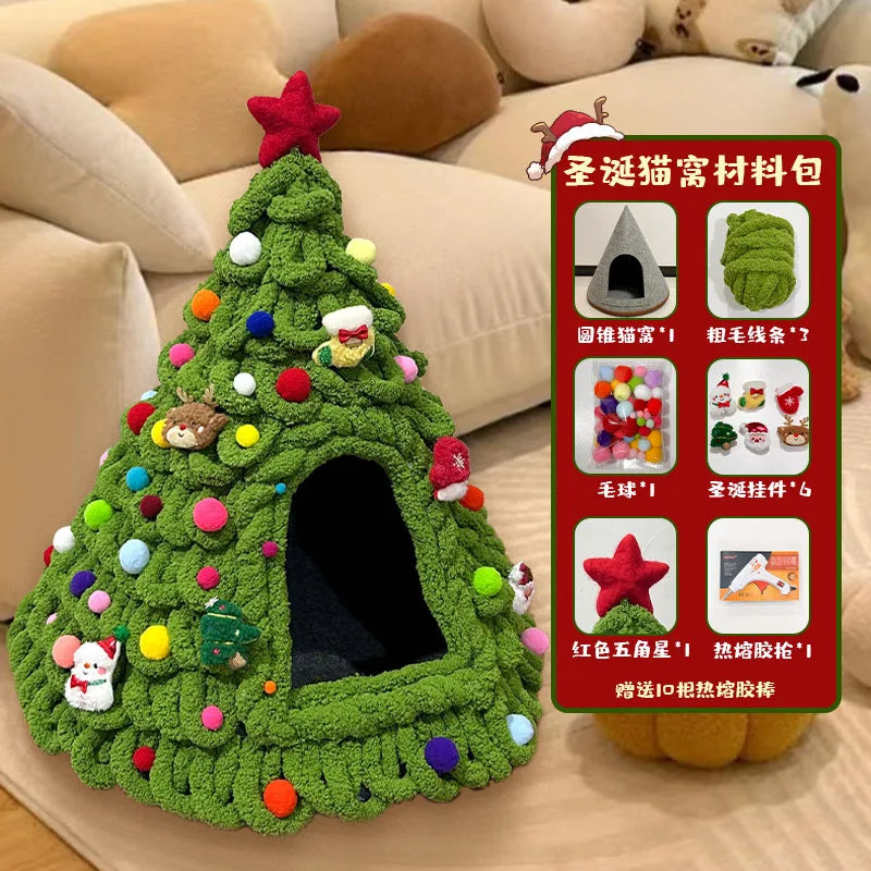 CuddTail™ Christmas Tree Cat Bed DIY Kit – Handmade Yarn Pet Nest for Cats & Puppies, Cozy All-Season Warm Bed