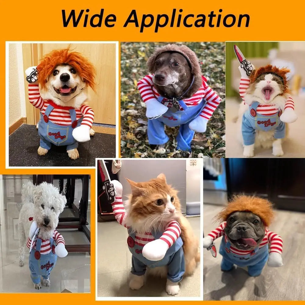 CuddTail™ Killer Pet Halloween Costume – Scary Dog Outfit with Knife & Wig for Halloween or Christmas Parties