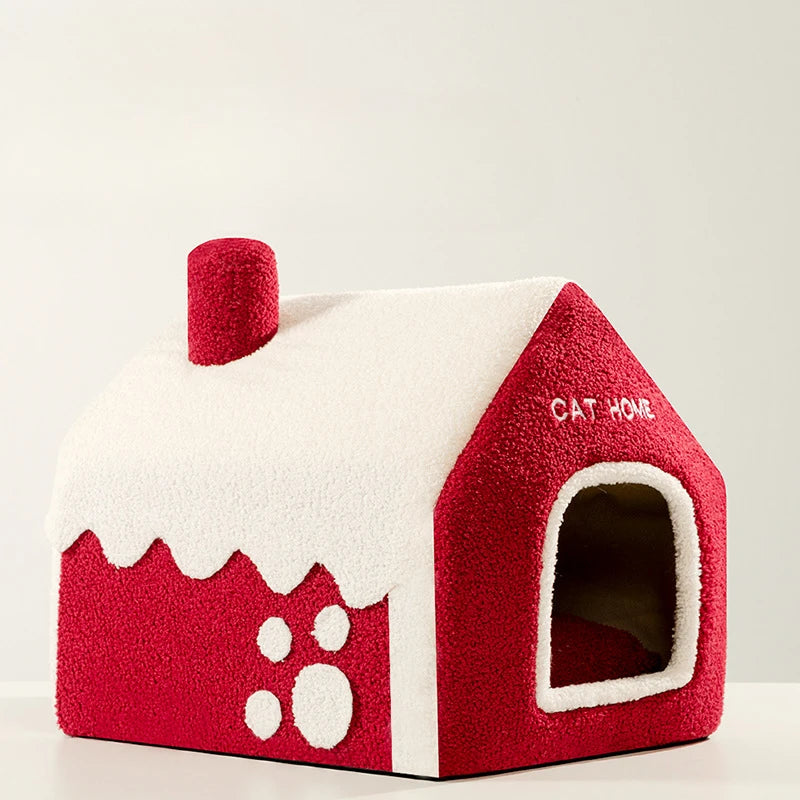 CuddTail™ Foldable Christmas Cat House – Detachable Warm Winter Nest for Cats & Dogs, Festive Holiday Pet Bed