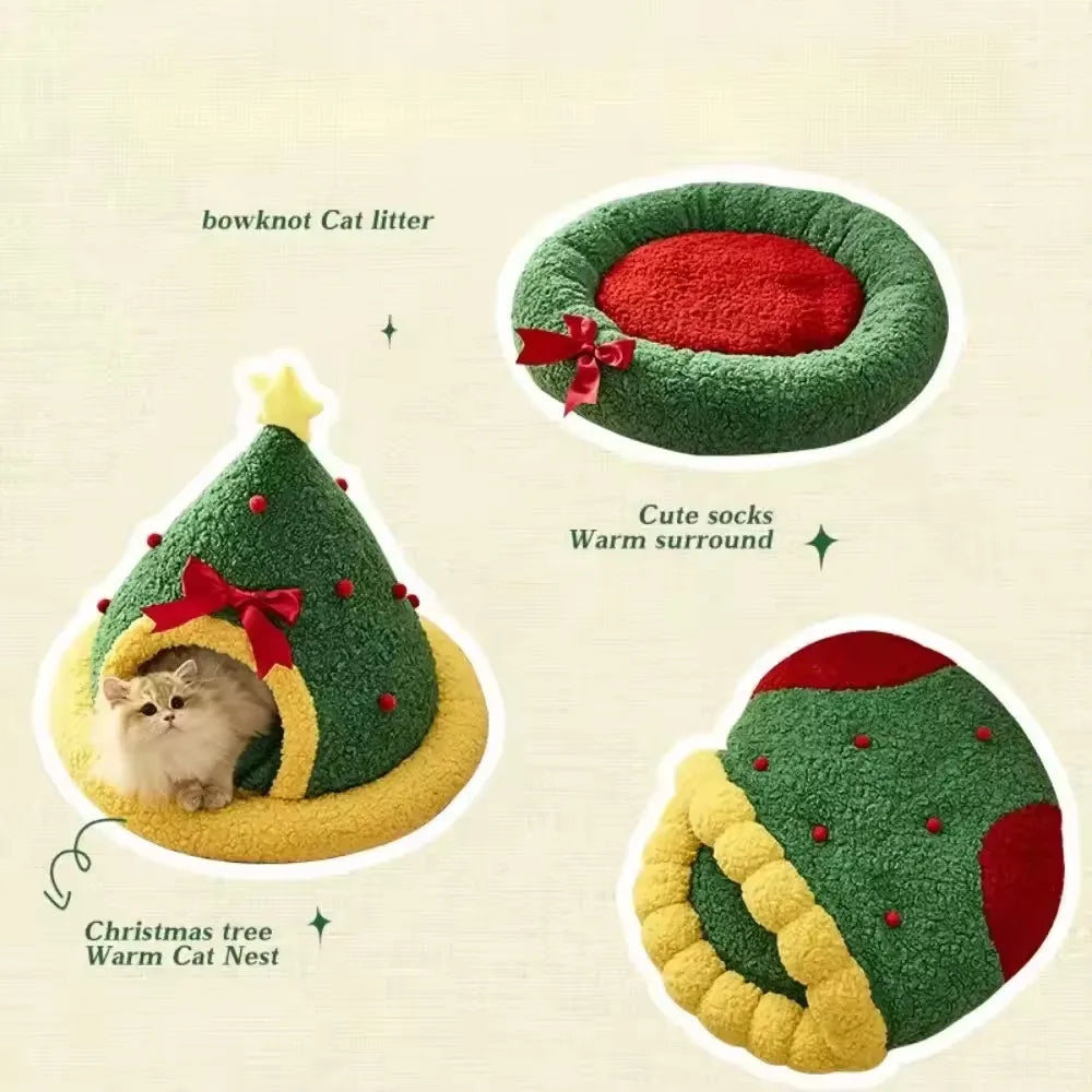 CuddTail™ Christmas Tree Cat Nest – Thickened Winter Bed with Semi-Closed Design for Cats, Puppies & Small Dogs