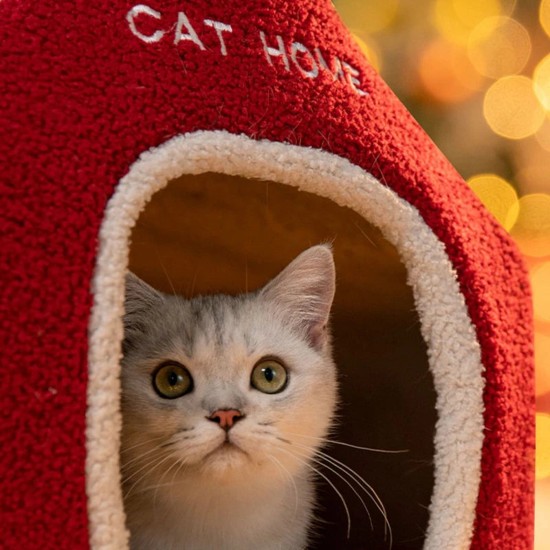 CuddTail™ Foldable Christmas Cat House – Detachable Warm Winter Nest for Cats & Dogs, Festive Holiday Pet Bed