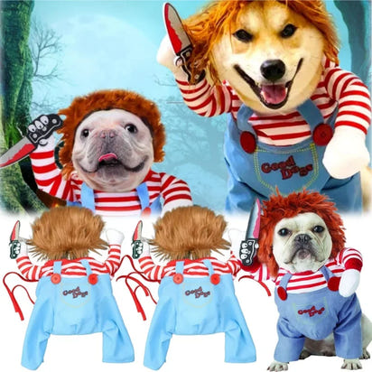 CuddTail™ Killer Pet Halloween Costume – Scary Dog Outfit with Knife & Wig for Halloween or Christmas Parties