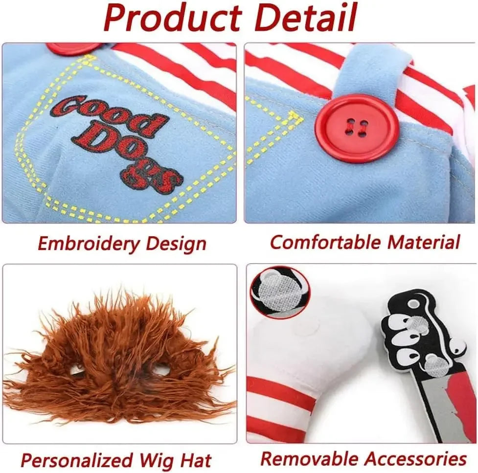 CuddTail™ Killer Pet Halloween Costume – Scary Dog Outfit with Knife & Wig for Halloween or Christmas Parties