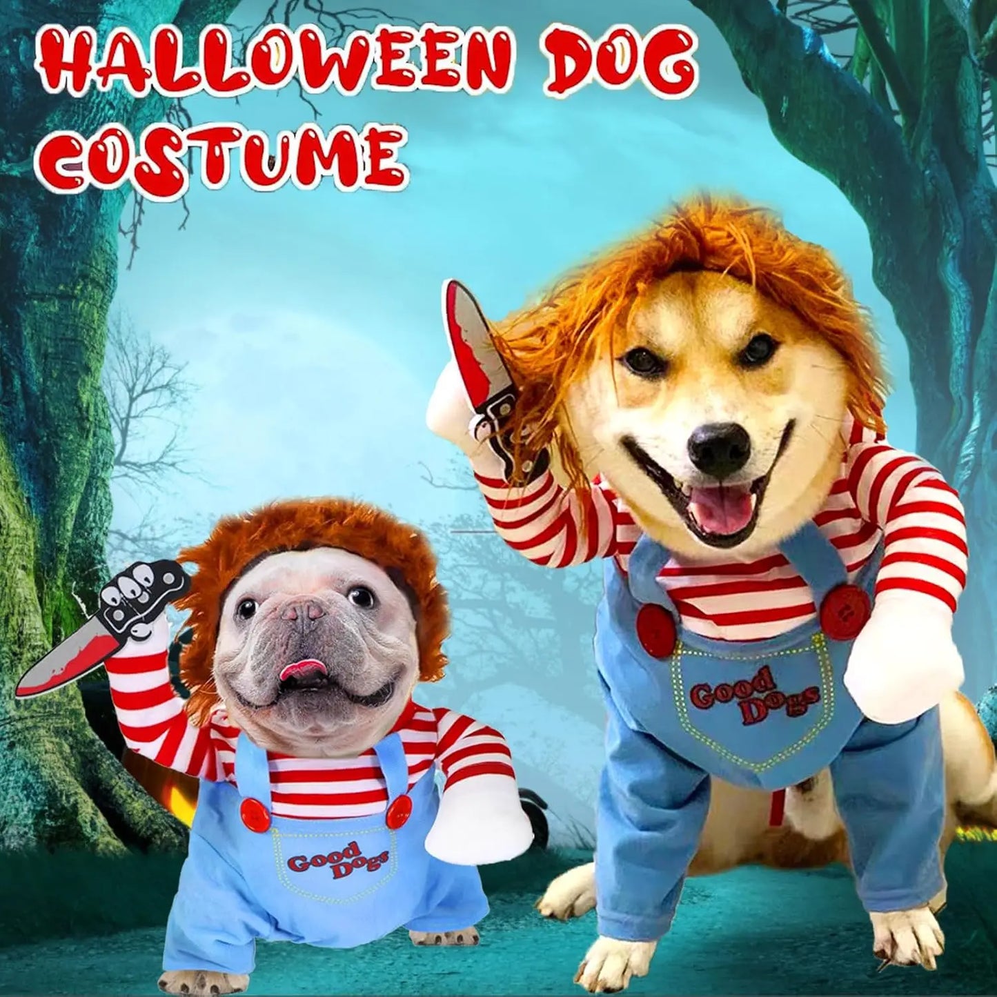 CuddTail™ Killer Pet Halloween Costume – Scary Dog Outfit with Knife & Wig for Halloween or Christmas Parties