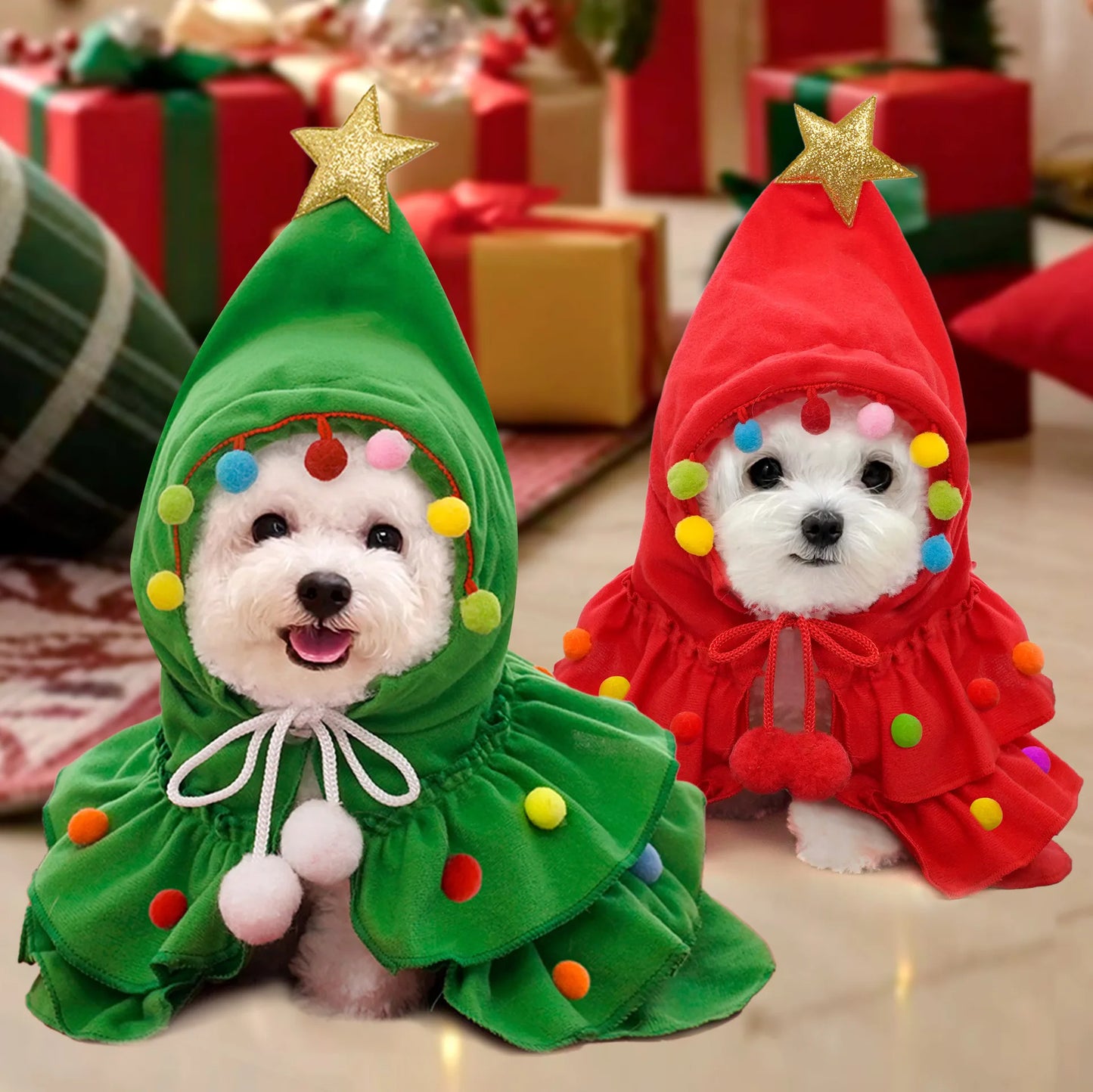 CuddTail™ Christmas Pet Cloak – Adorable Puppy Cape with Stars & Pompoms for Holiday Parties and Festive Photos**
