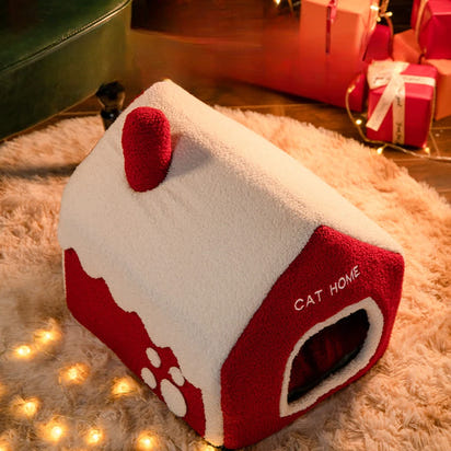 CuddTail™ Foldable Christmas Cat House – Detachable Warm Winter Nest for Cats & Dogs, Festive Holiday Pet Bed