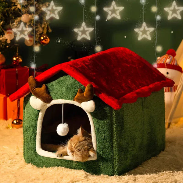 CuddTail™ 2025 Foldable Christmas Pet House – Detachable Thickened Cat & Dog Tent Bed for All Seasons