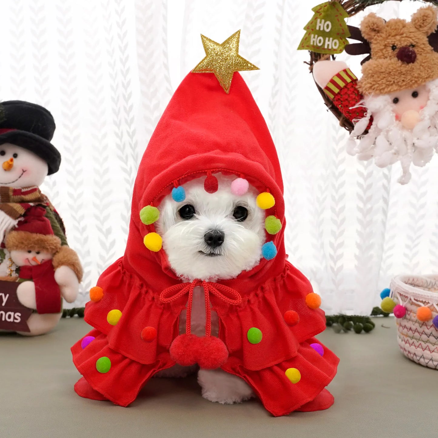 CuddTail™ Christmas Pet Cloak – Adorable Puppy Cape with Stars & Pompoms for Holiday Parties and Festive Photos**