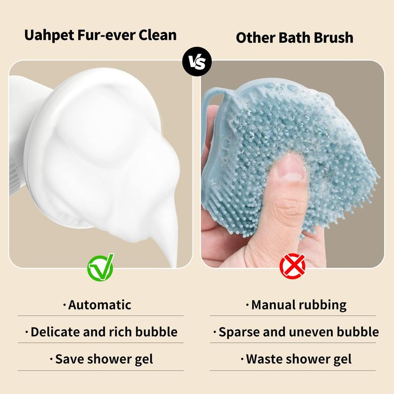 Uahpet Wireless Auto-Foaming Dog Bath Brush with Soap Dispenser – Effortless Lathering Bath Brush for Dogs and Cats